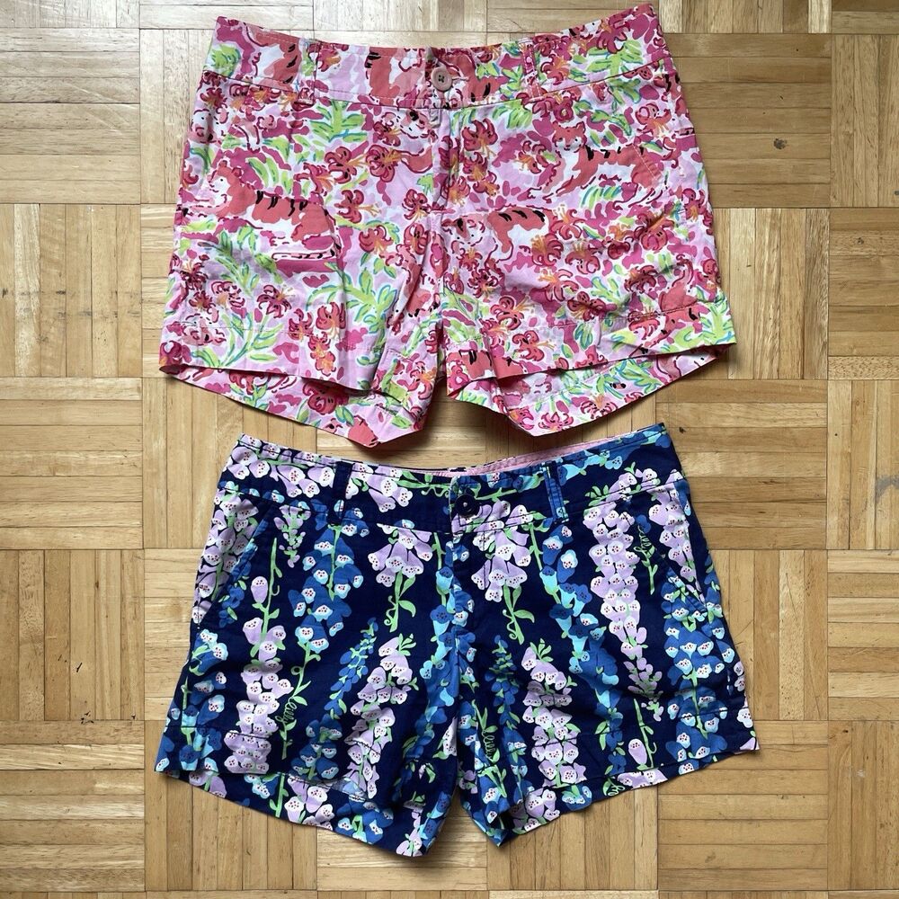 Lot 2 Lilly Pulitzer Callahan Shorts Womens Size 4 Floral Pink Blue Kitty Tiger